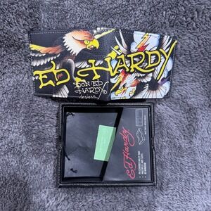 Ed Hardy Mens Eagle Graphic Bifold Wallet Black Tattoo Art with Valet Tray Box